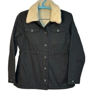 Hang Ten Jacket Sherpa Military‎ Anorak Drawstring Waist Button Front Black L
